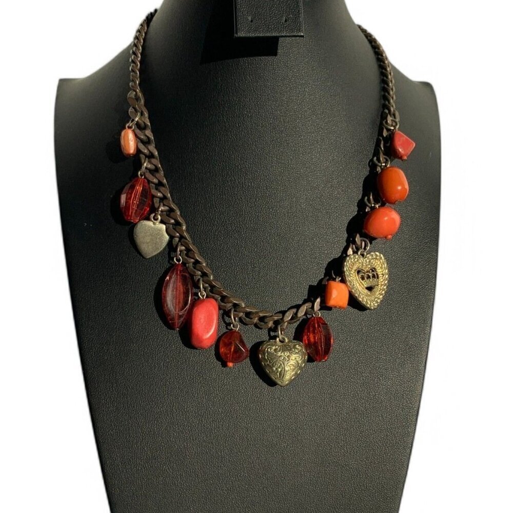Vintage Bijoux Terner Heart Charm Necklace Red Amber Beads Antique Bronze Chain